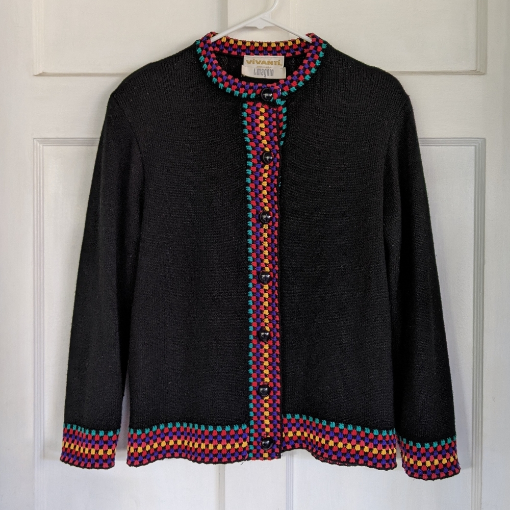 Vintage black checkered button-up cardigan sweater